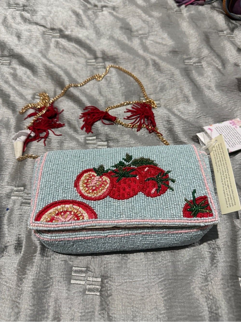 Beaded Light Blue Clutch with Red Fruit Embroidery